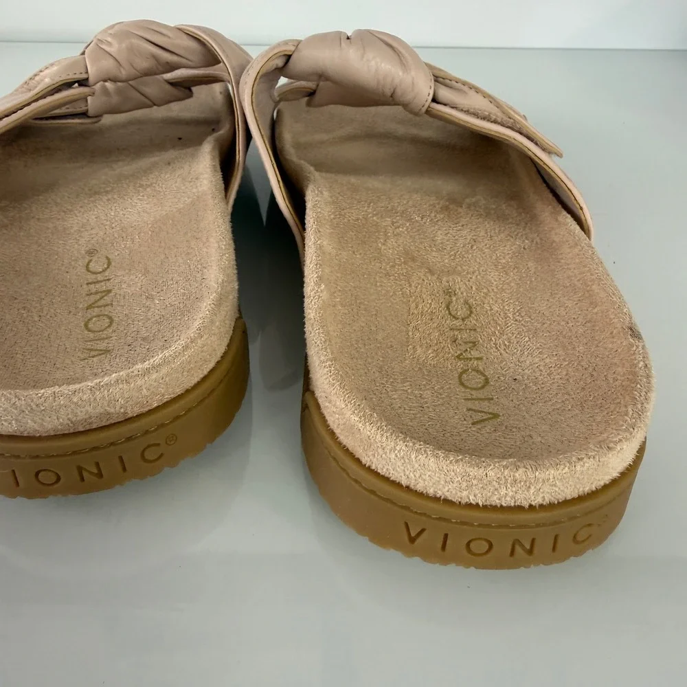 Vionic Elara Slide Sandals Womens 8.5 Pink Leather Knotted Adjustable Straps